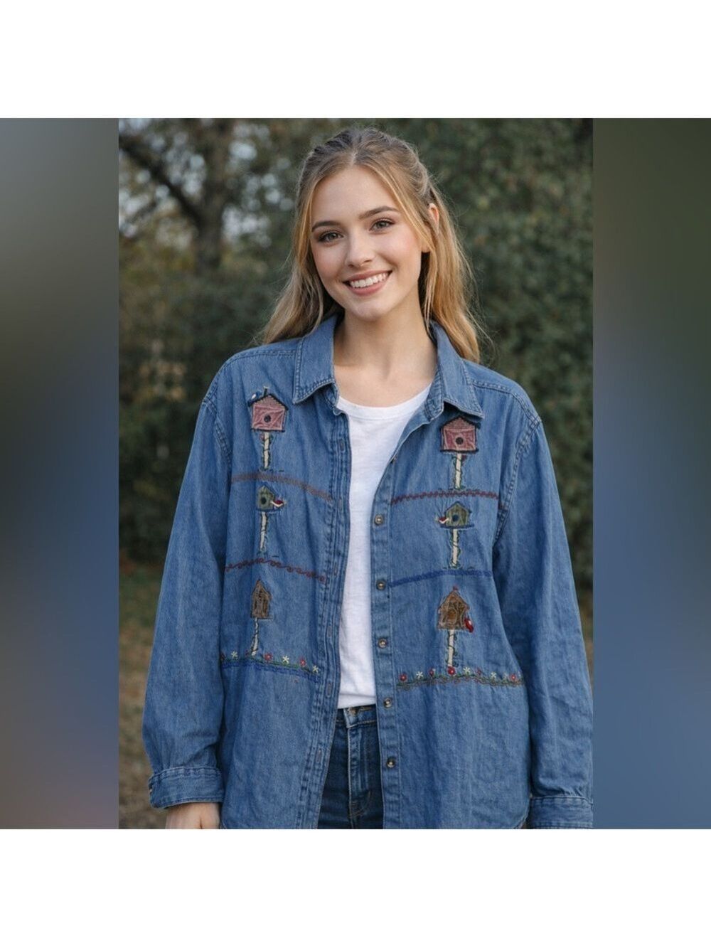 Vintage embroidered birdhouses denim Jean shirt  Shacket